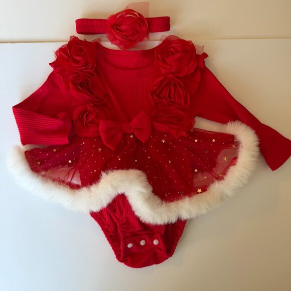🎄Fancy Baby Girl Christmas Bodysuit with Tutu + Matching Headband - Picture 7 of 11